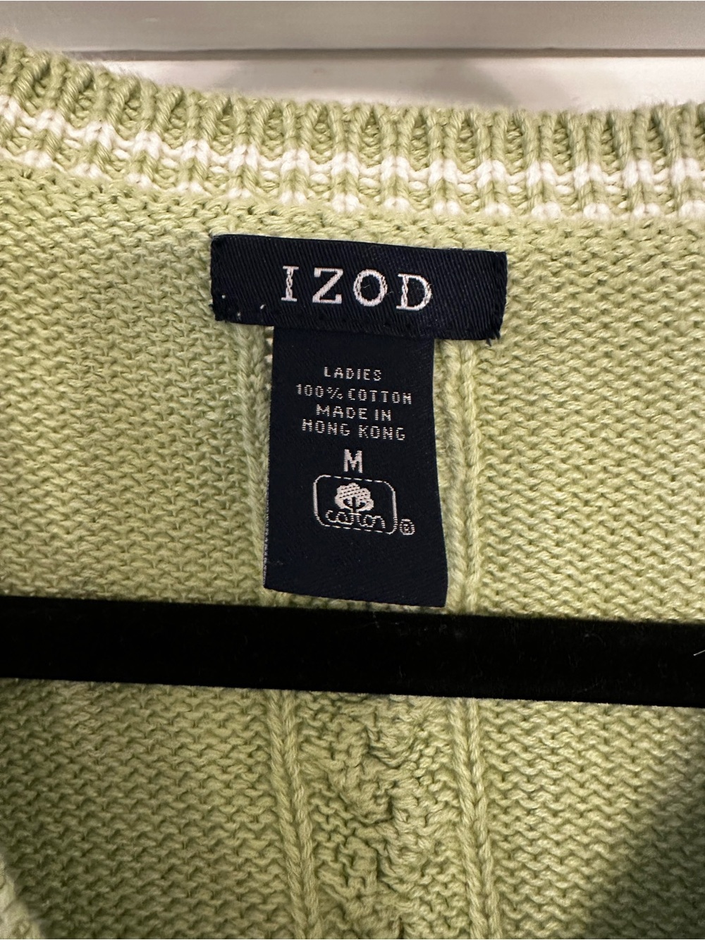 Y2K IZOD Green 100% Cotton Cable-Knit V-Neck Sweater - Picture 2 of 5